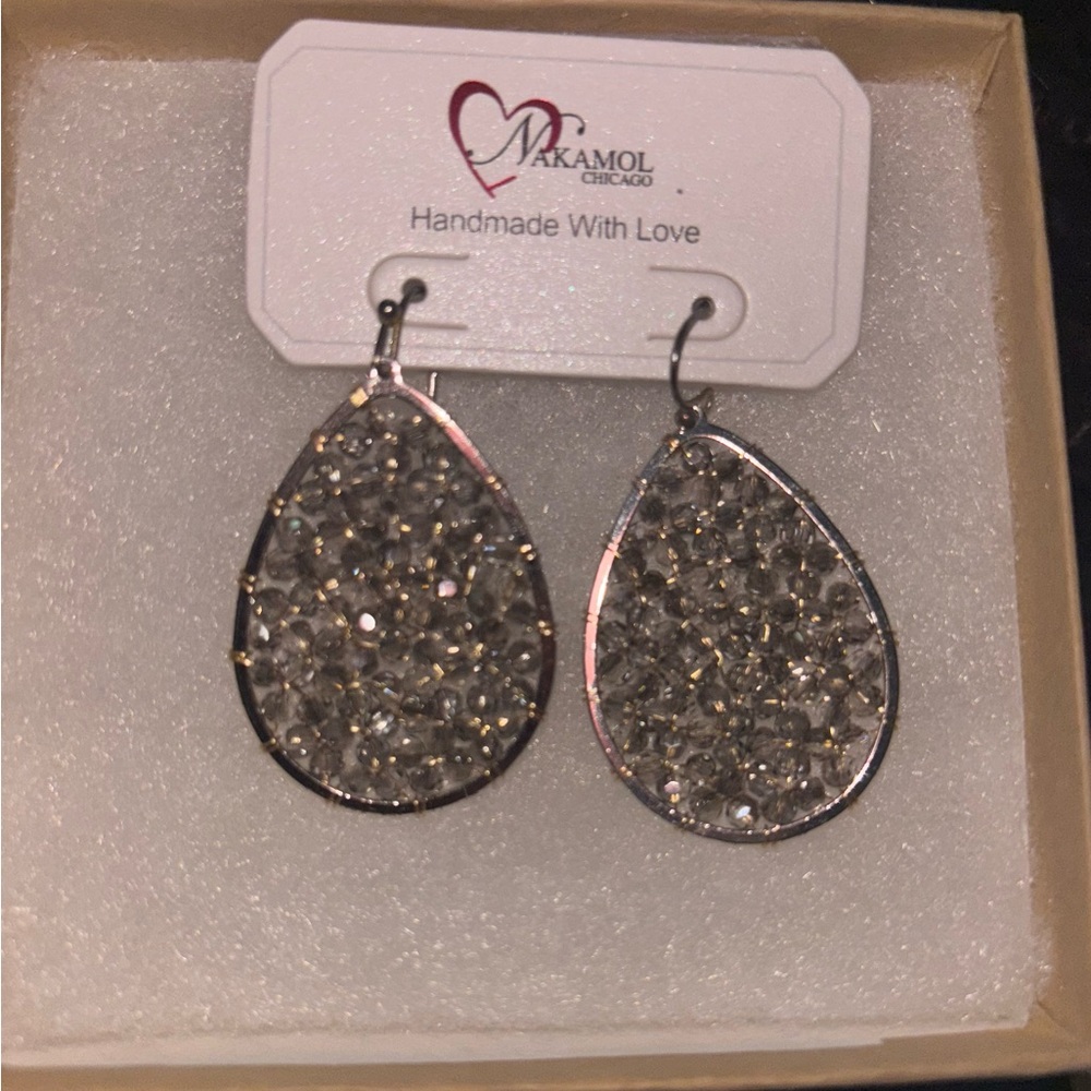 NWT Nakamol Callie Beaded Teardrop Earrings Silver Dangle Bohemian Boho Fairy